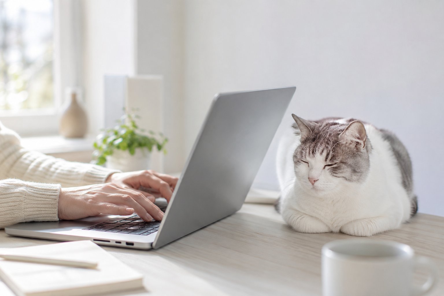 猫のそばでECの実務にあたる手元のイメージ